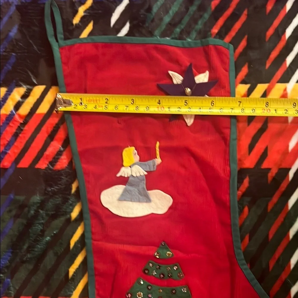VTG Red Holiday Stocking with Felt Angel, Christmas Tree, Snowman & More